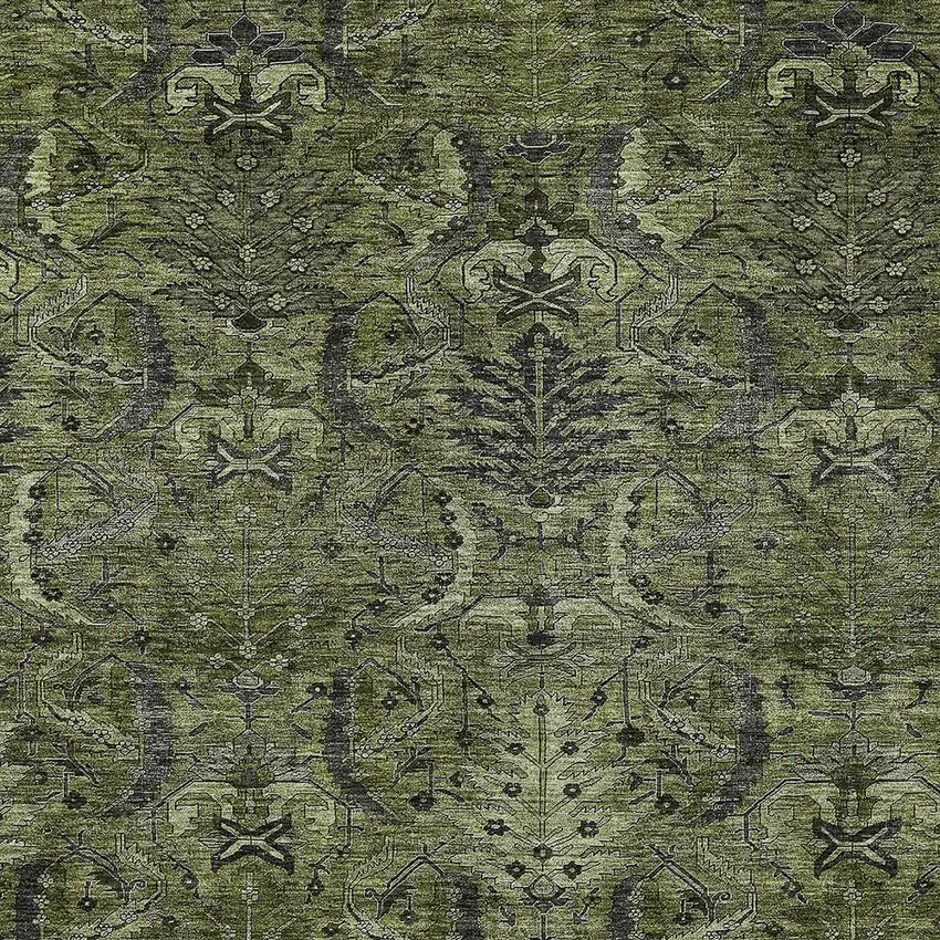 Olive Green And Charcoal Damask Washable Indoor Outdoor Area Rug Photo 5