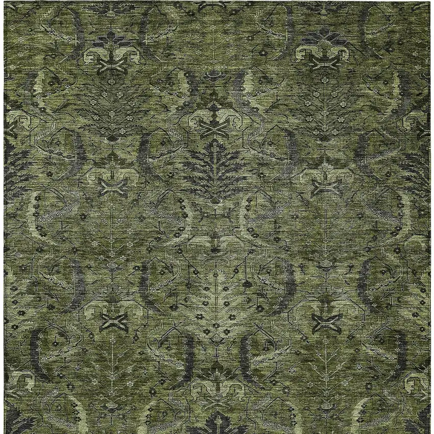 Olive Green And Charcoal Damask Washable Indoor Outdoor Area Rug Photo 6