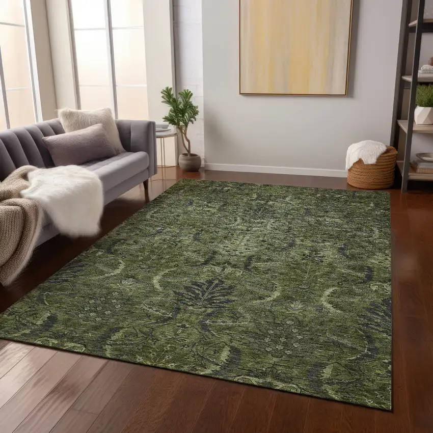 Olive Green And Charcoal Damask Washable Indoor Outdoor Area Rug Photo 9