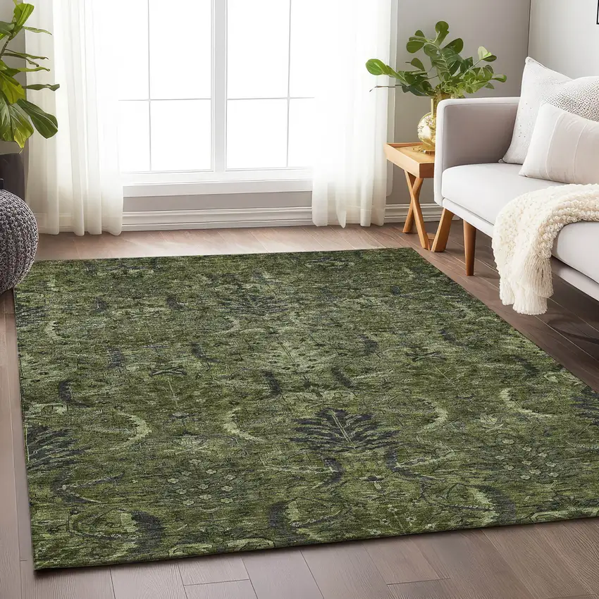 Olive Green And Charcoal Damask Washable Indoor Outdoor Area Rug Photo 8