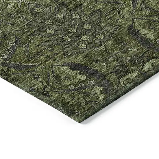 Olive Green And Charcoal Damask Washable Indoor Outdoor Area Rug Photo 4