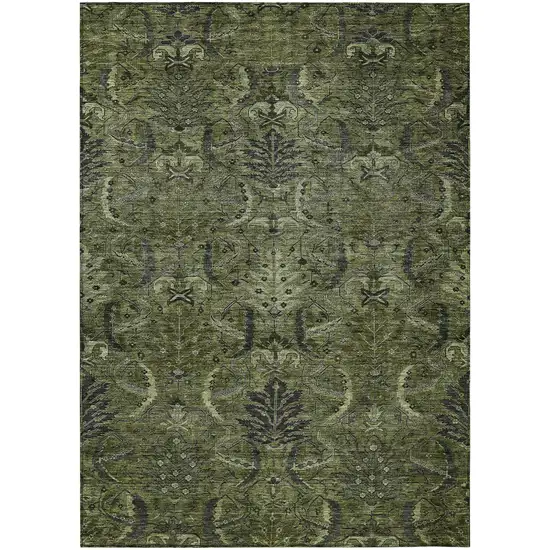 Olive Green And Charcoal Damask Washable Indoor Outdoor Area Rug Photo 2
