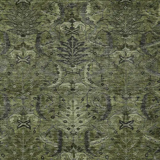 Olive Green And Charcoal Damask Washable Indoor Outdoor Area Rug Photo 5