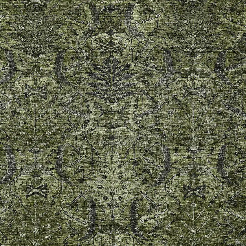 Olive Green And Charcoal Damask Washable Indoor Outdoor Area Rug Photo 5