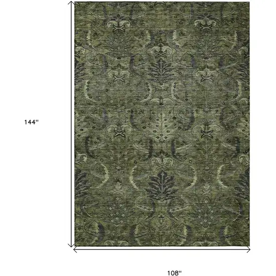 Olive Green And Charcoal Damask Washable Indoor Outdoor Area Rug Photo 6
