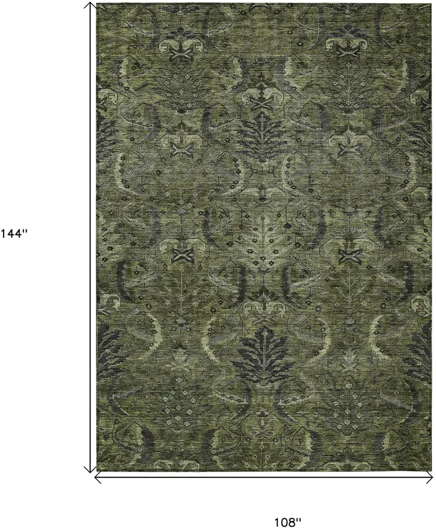 Olive Green And Charcoal Damask Washable Indoor Outdoor Area Rug Photo 6