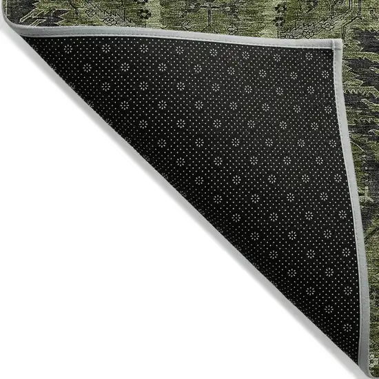 Olive Green And Charcoal Damask Washable Indoor Outdoor Area Rug Photo 3