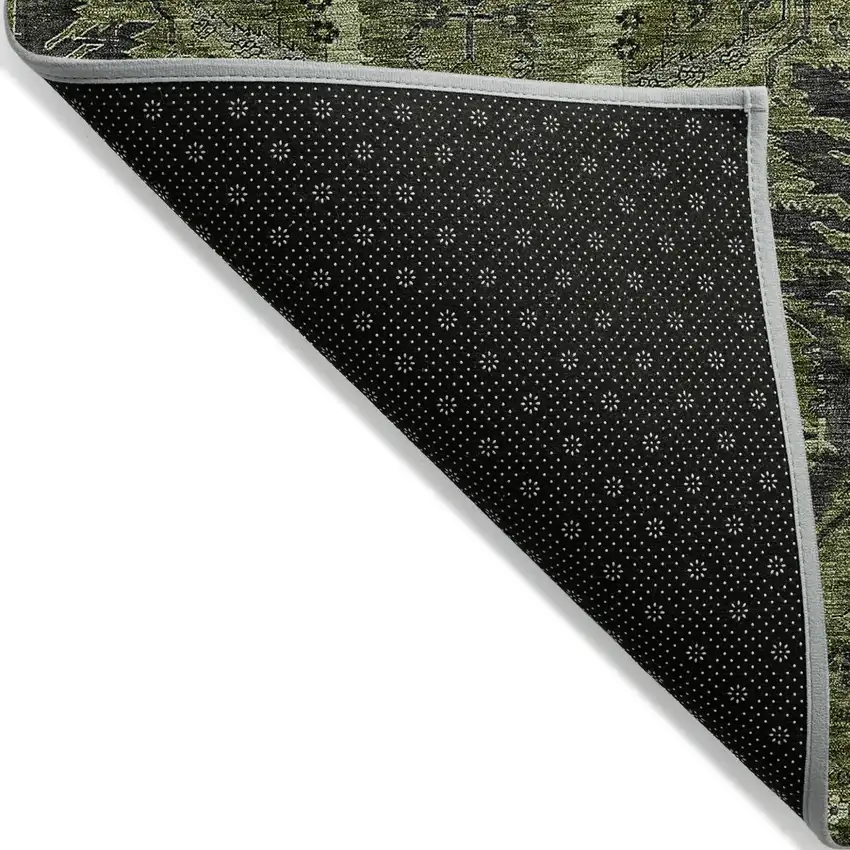 Olive Green And Charcoal Damask Washable Indoor Outdoor Area Rug Photo 3