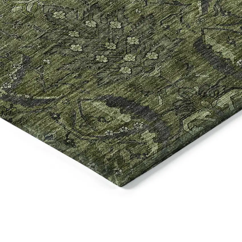 Olive Green And Charcoal Damask Washable Indoor Outdoor Area Rug Photo 4