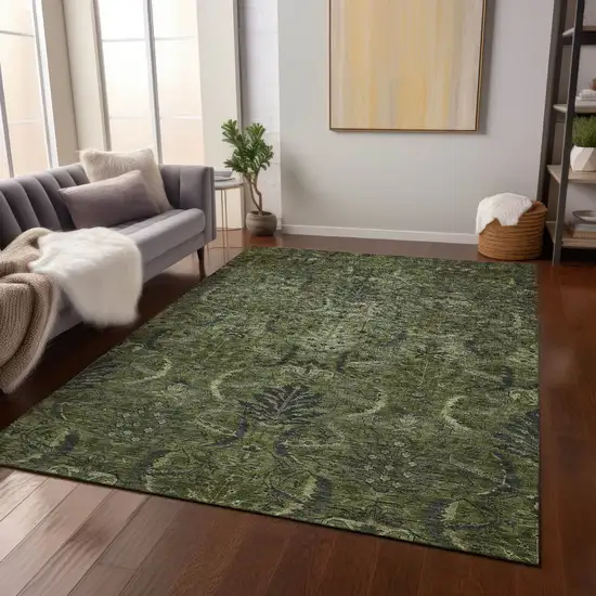 Olive Green And Charcoal Damask Washable Indoor Outdoor Area Rug Photo 8