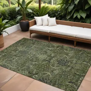 Photo of Olive Green And Charcoal Damask Washable Indoor Outdoor Area Rug