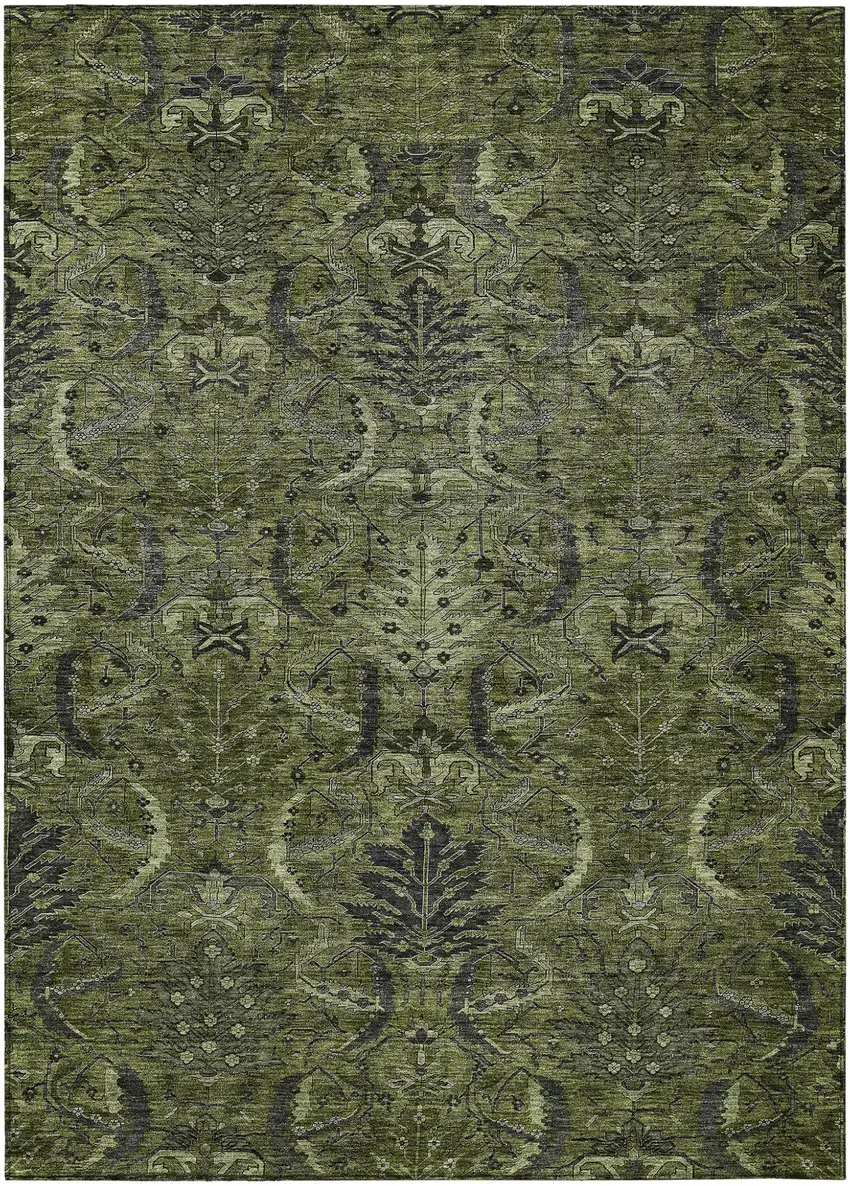 Olive Green And Charcoal Damask Washable Indoor Outdoor Area Rug Photo 2