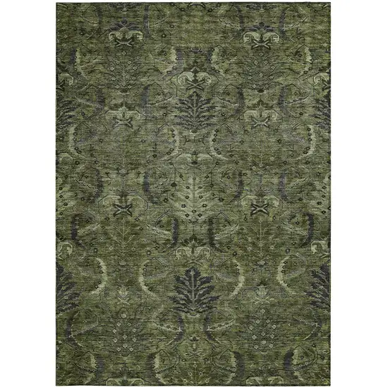 Olive Green And Charcoal Damask Washable Indoor Outdoor Area Rug Photo 5
