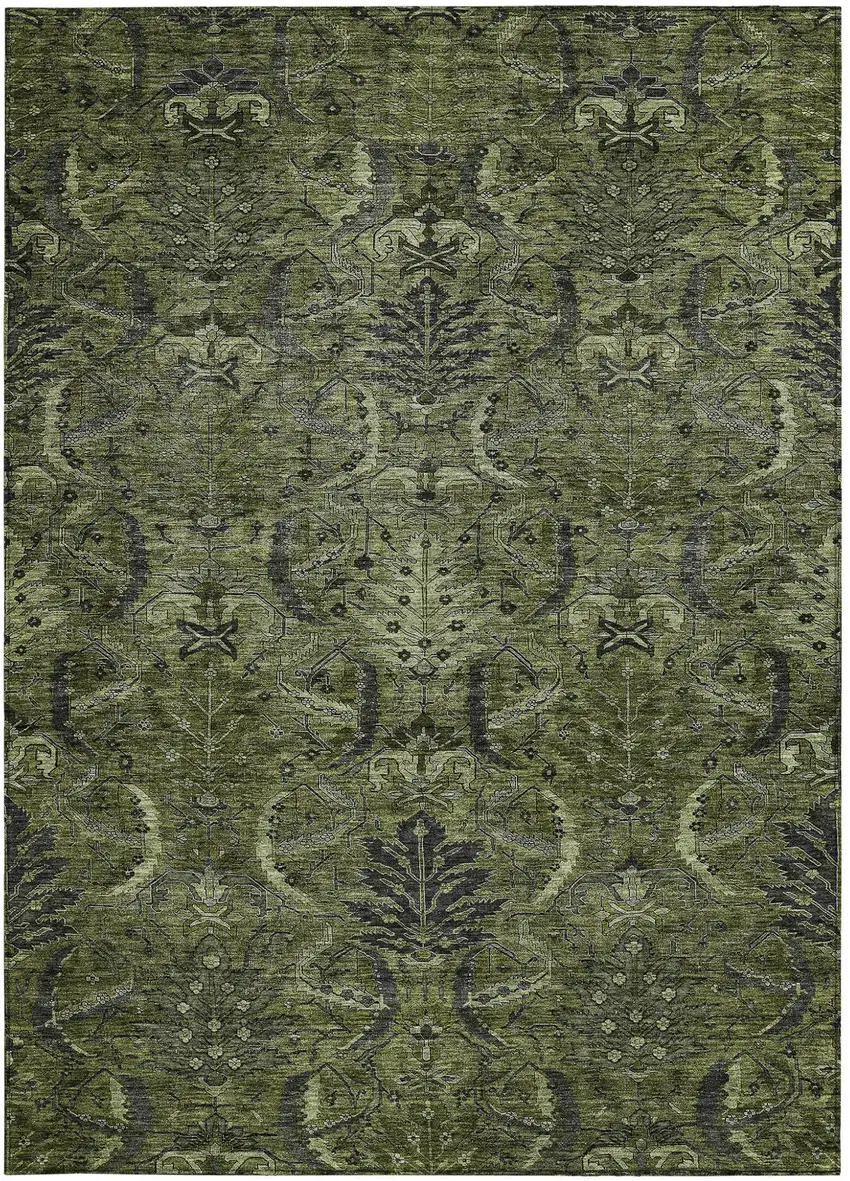 Olive Green And Charcoal Damask Washable Indoor Outdoor Area Rug Photo 5