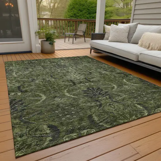 Olive Green And Charcoal Damask Washable Indoor Outdoor Area Rug Photo 9