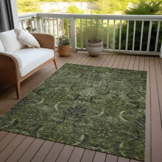 Olive Green And Charcoal Damask Washable Indoor Outdoor Area Rug Photo 6