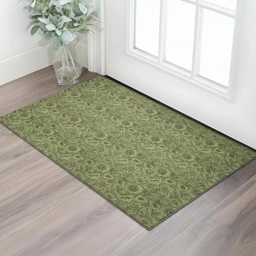 Olive Green And Charcoal Floral Washable Area Rug With UV Protection Photo 1