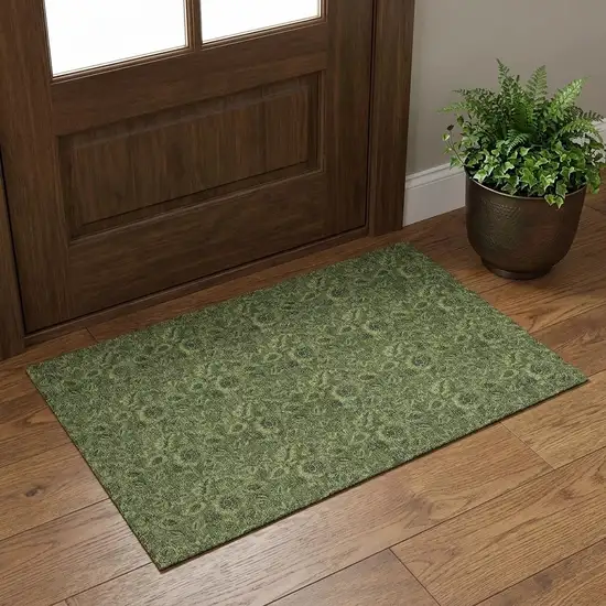 Olive Green And Charcoal Floral Washable Area Rug With UV Protection Photo 1