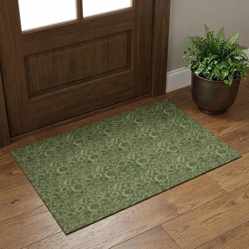 Olive Green And Charcoal Floral Washable Area Rug With UV Protection Photo 1