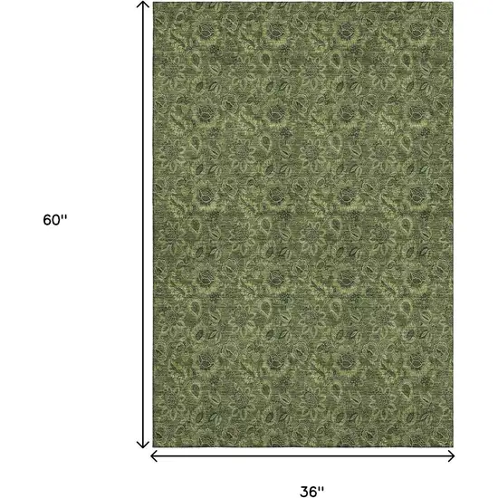Olive Green And Charcoal Floral Washable Area Rug With UV Protection Photo 5