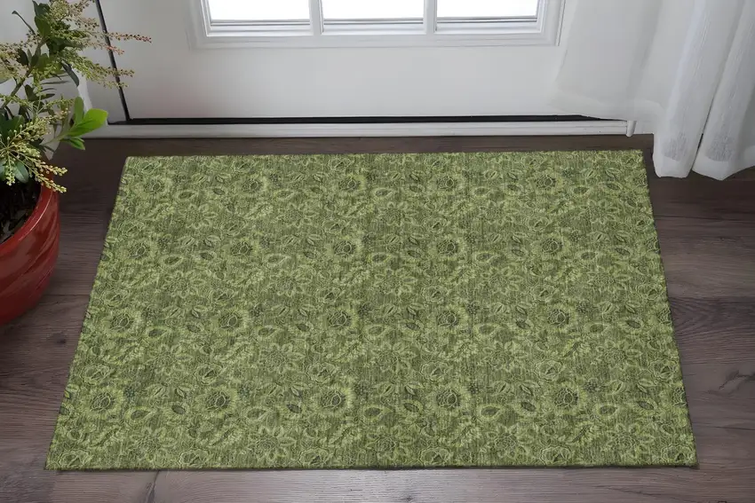Olive Green And Charcoal Floral Washable Area Rug With UV Protection Photo 2