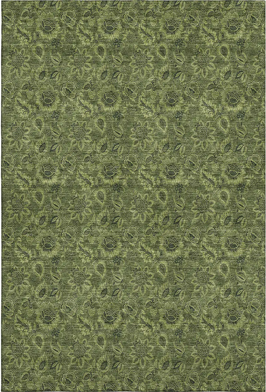 Olive Green And Charcoal Floral Washable Area Rug With UV Protection Photo 1