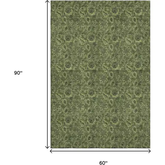 Olive Green And Charcoal Floral Washable Area Rug With UV Protection Photo 3
