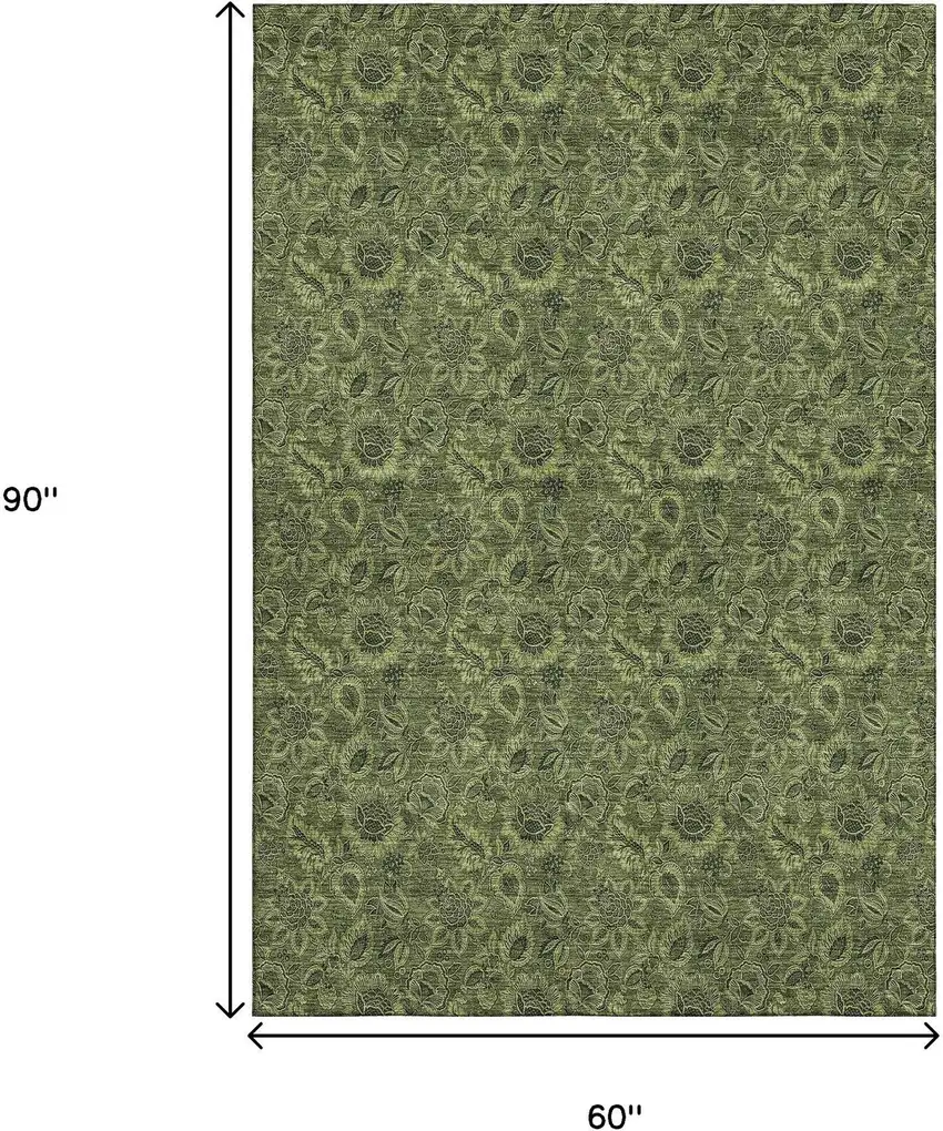 Olive Green And Charcoal Floral Washable Area Rug With UV Protection Photo 3