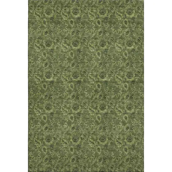Olive Green And Charcoal Floral Washable Area Rug With UV Protection Photo 2