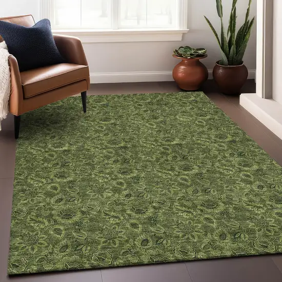 Olive Green And Charcoal Floral Washable Area Rug With UV Protection Photo 4