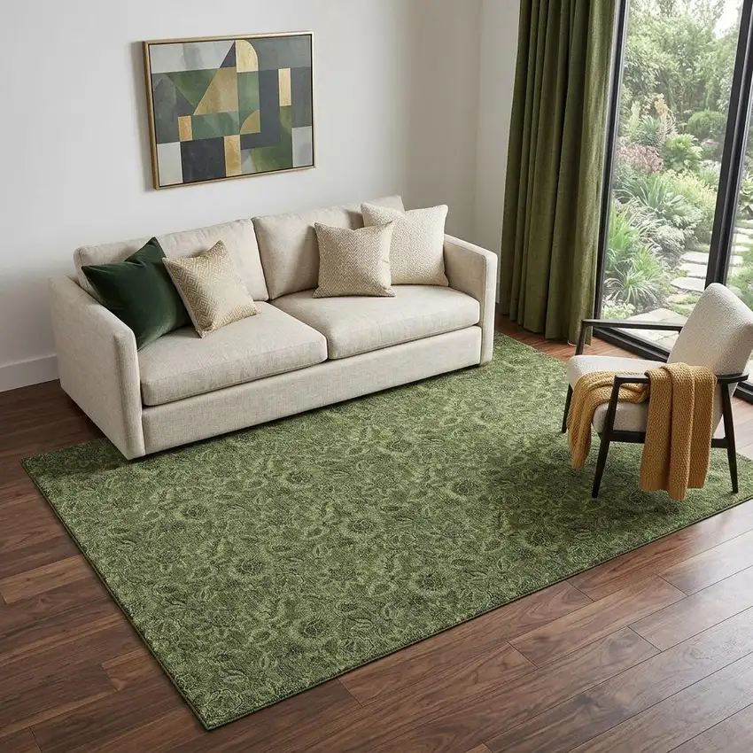 Olive Green And Charcoal Floral Washable Area Rug With UV Protection Photo 1