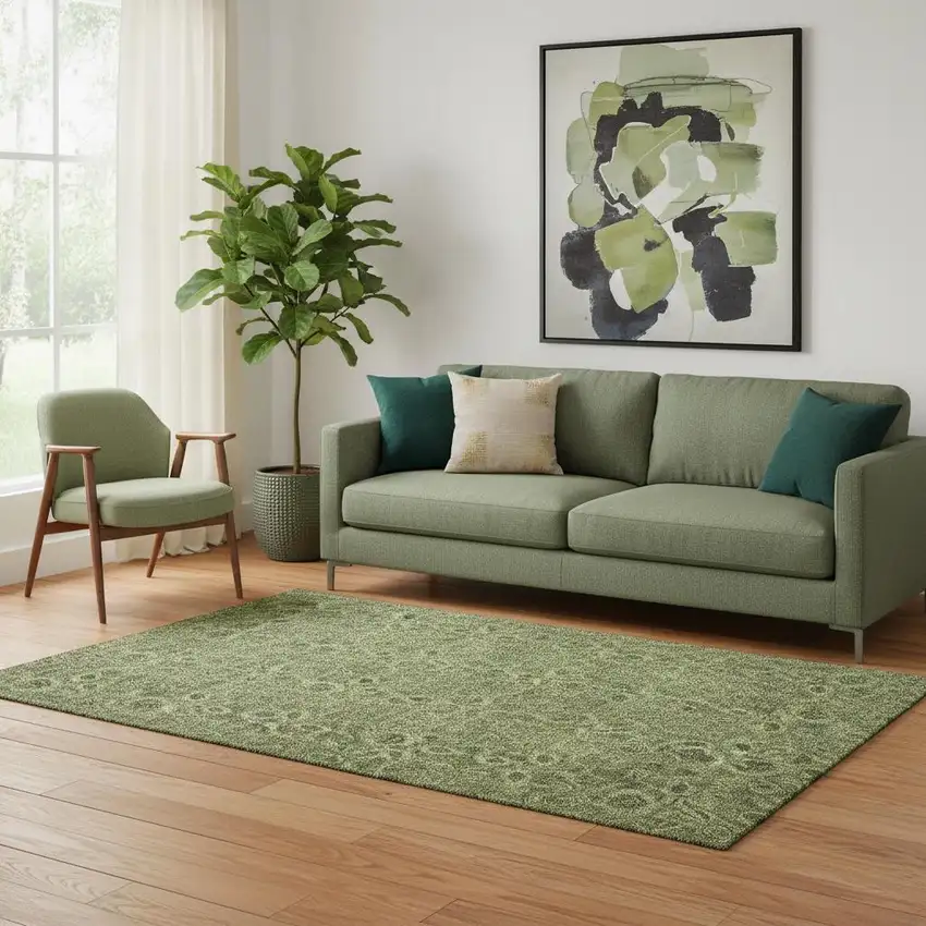 Olive Green And Charcoal Floral Washable Area Rug With UV Protection Photo 1