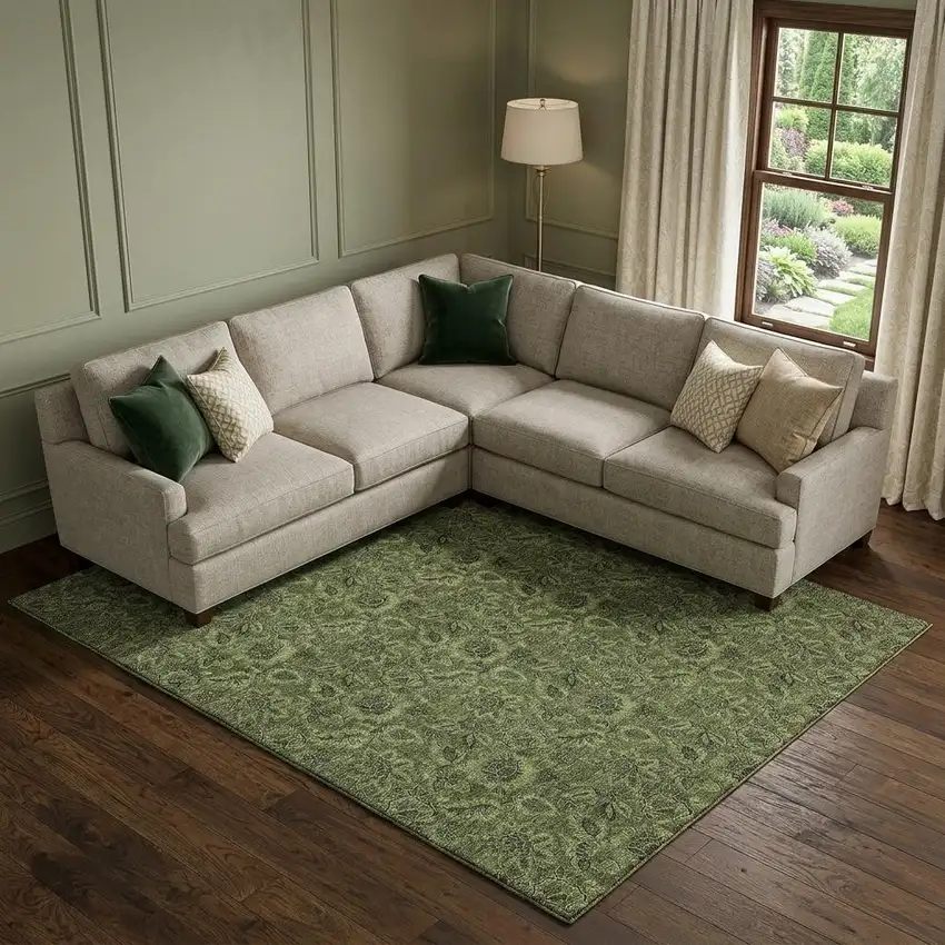 Olive Green And Charcoal Floral Washable Area Rug With UV Protection Photo 1