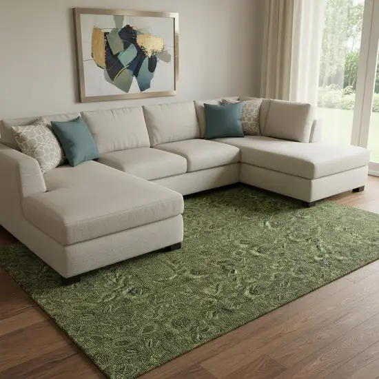 Olive Green And Charcoal Floral Washable Area Rug With UV Protection Photo 1