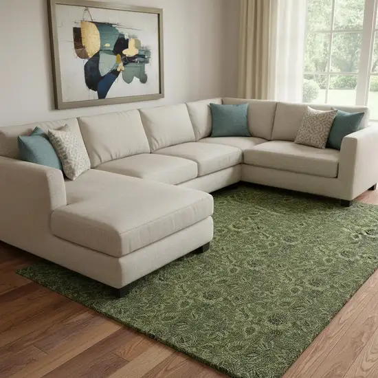 Olive Green And Charcoal Floral Washable Area Rug With UV Protection Photo 1