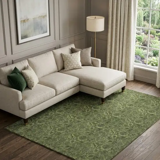 Olive Green And Charcoal Floral Washable Area Rug With UV Protection Photo 1