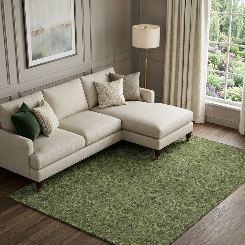 Olive Green And Charcoal Floral Washable Area Rug With UV Protection Photo 1