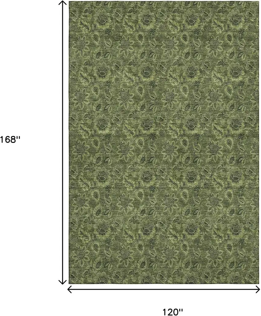 Olive Green And Charcoal Floral Washable Area Rug With UV Protection Photo 3