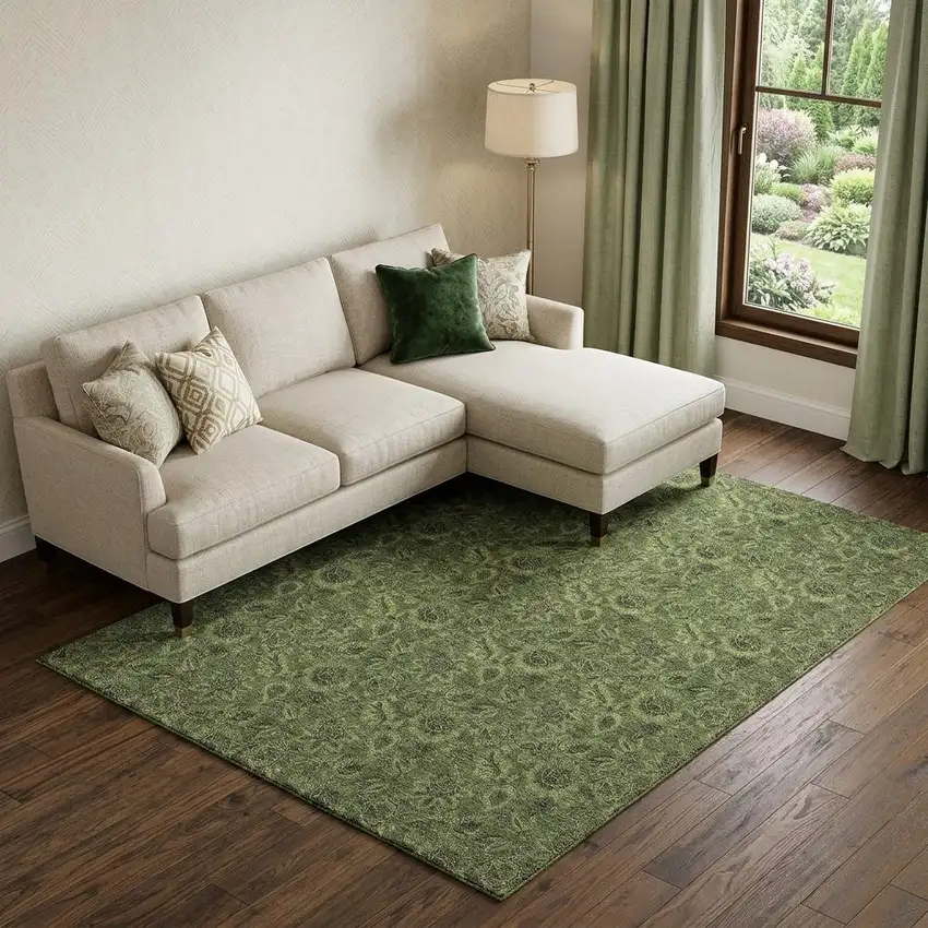 Olive Green And Charcoal Floral Washable Area Rug With UV Protection Photo 1