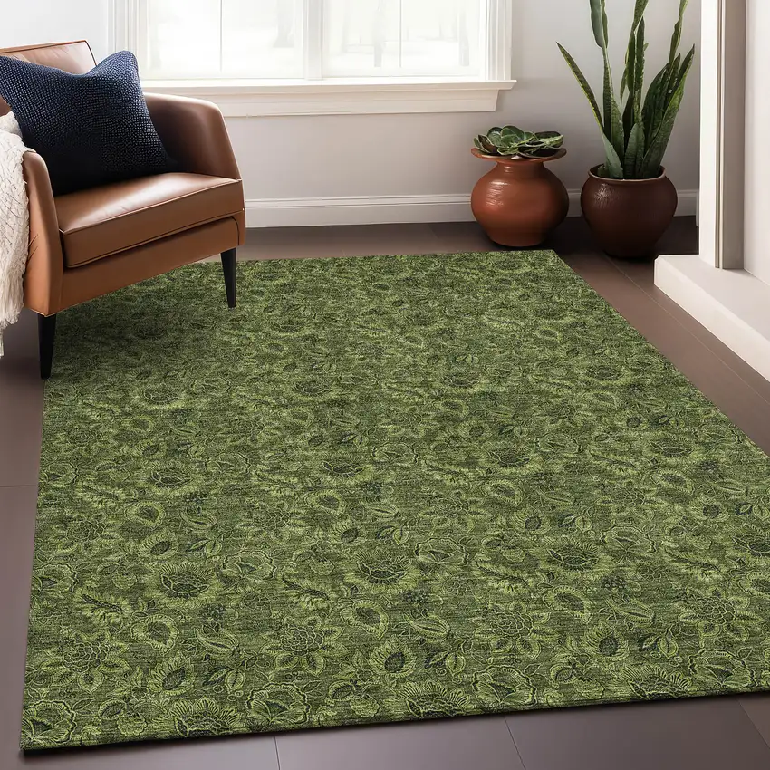 Olive Green And Charcoal Floral Washable Area Rug With UV Protection Photo 5