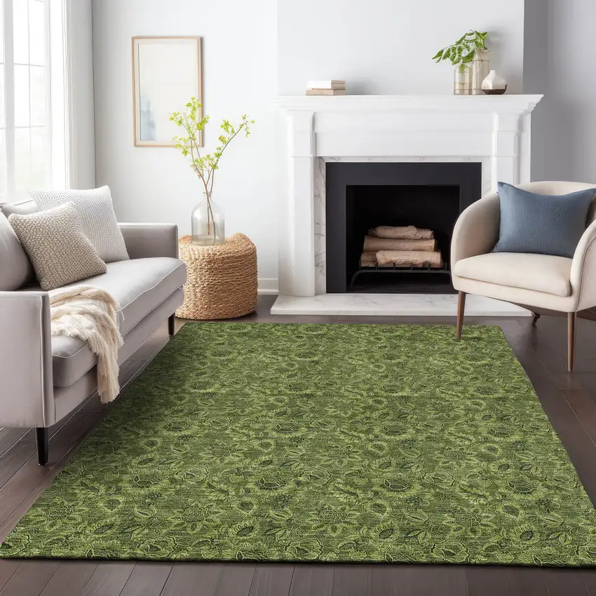 Olive Green And Charcoal Floral Washable Area Rug With UV Protection Photo 4