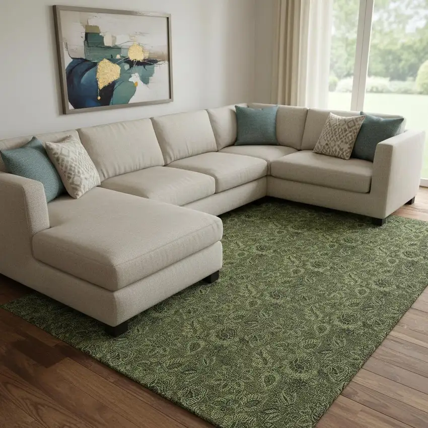 Olive Green And Charcoal Floral Washable Area Rug With UV Protection Photo 1