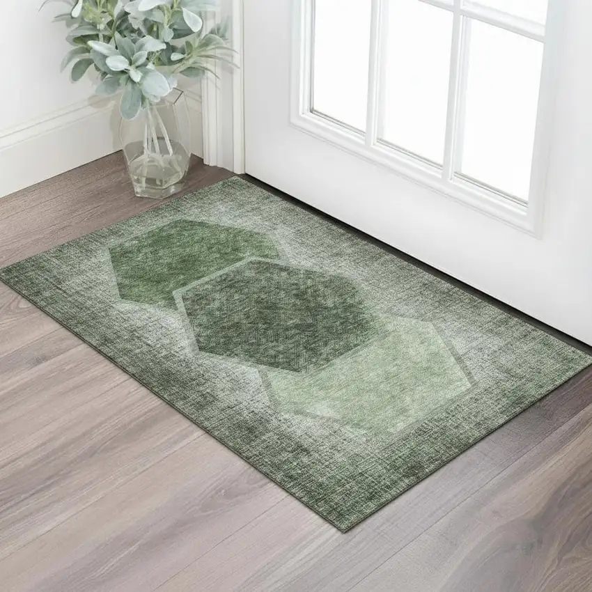Olive Green And Charcoal Geometric Washable Area Rug With UV Protection Photo 1