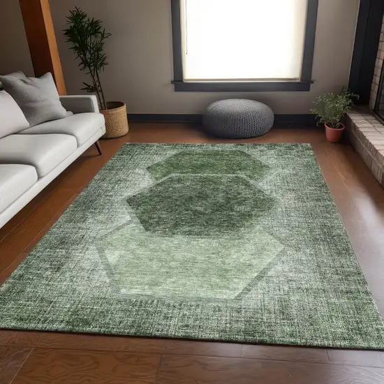 Olive Green And Charcoal Geometric Washable Area Rug With UV Protection Photo 4