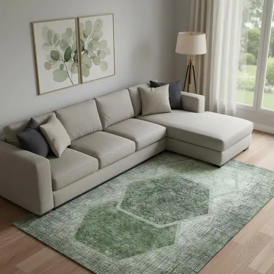 Olive Green And Charcoal Geometric Washable Area Rug With UV Protection Photo 1