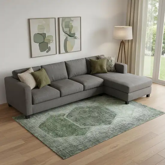 Olive Green And Charcoal Geometric Washable Area Rug With UV Protection Photo 1