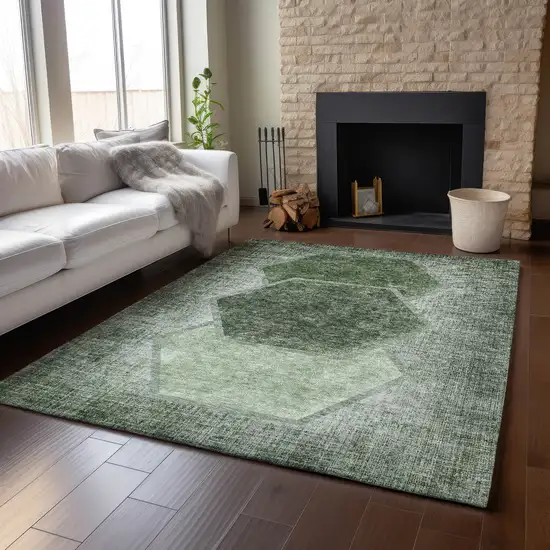 Olive Green And Charcoal Geometric Washable Area Rug With UV Protection Photo 5