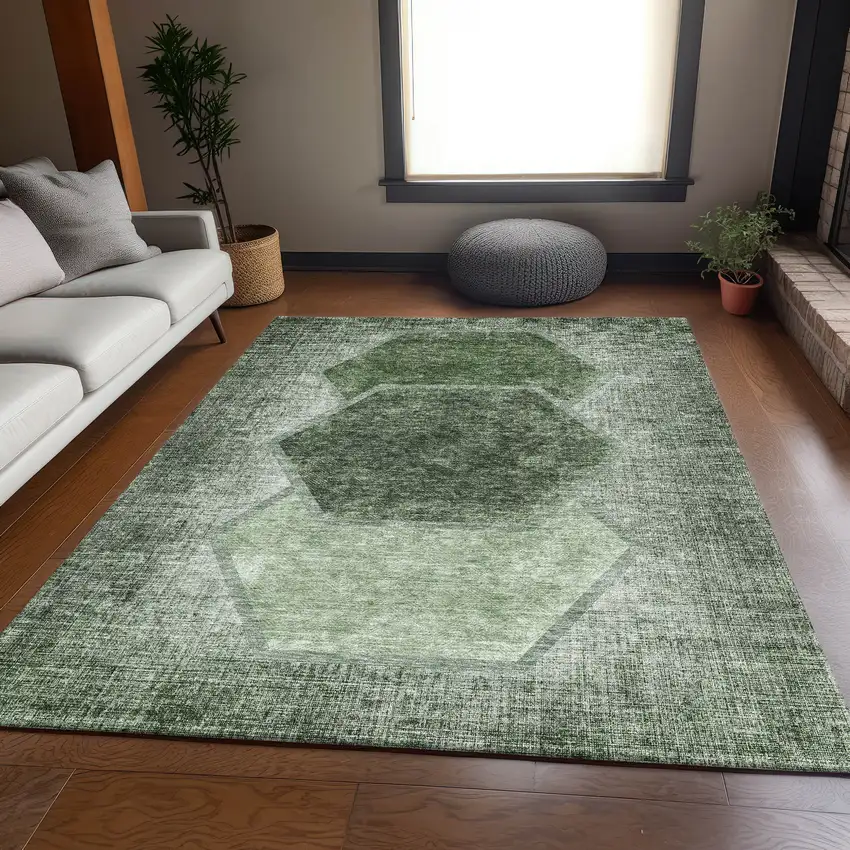 Olive Green And Charcoal Geometric Washable Area Rug With UV Protection Photo 4