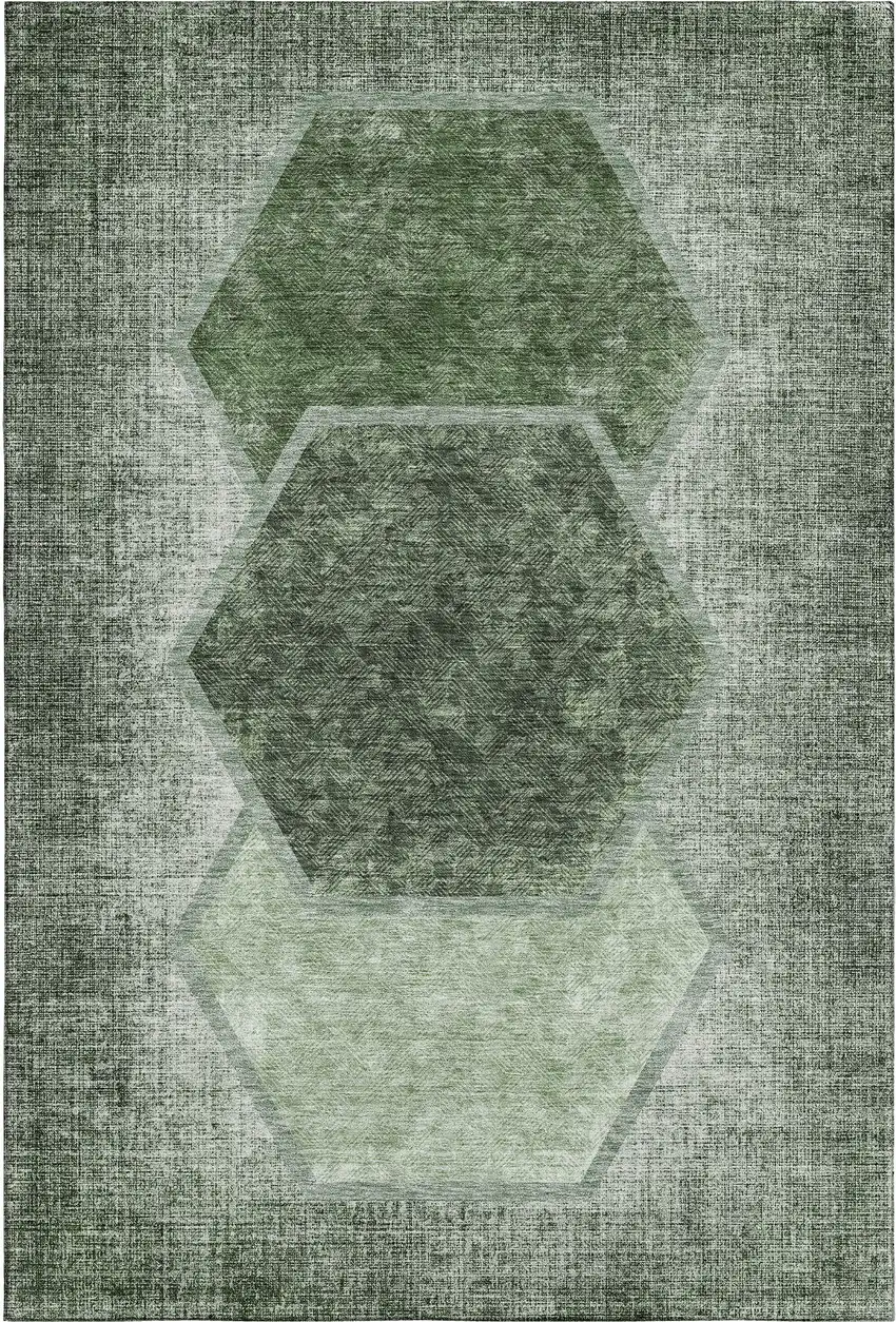 Olive Green And Charcoal Geometric Washable Area Rug With UV Protection Photo 1