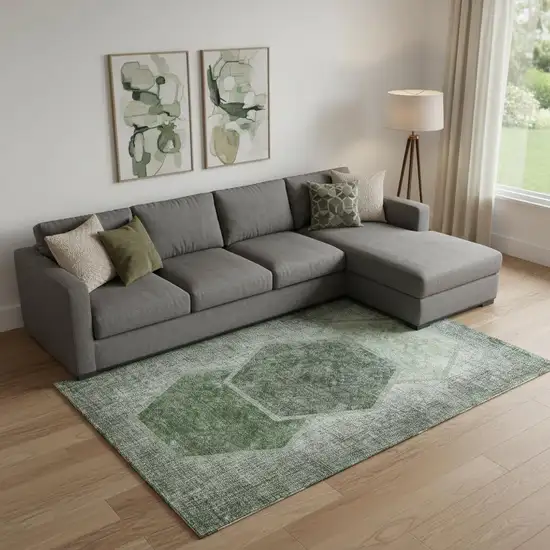 Olive Green And Charcoal Geometric Washable Area Rug With UV Protection Photo 1